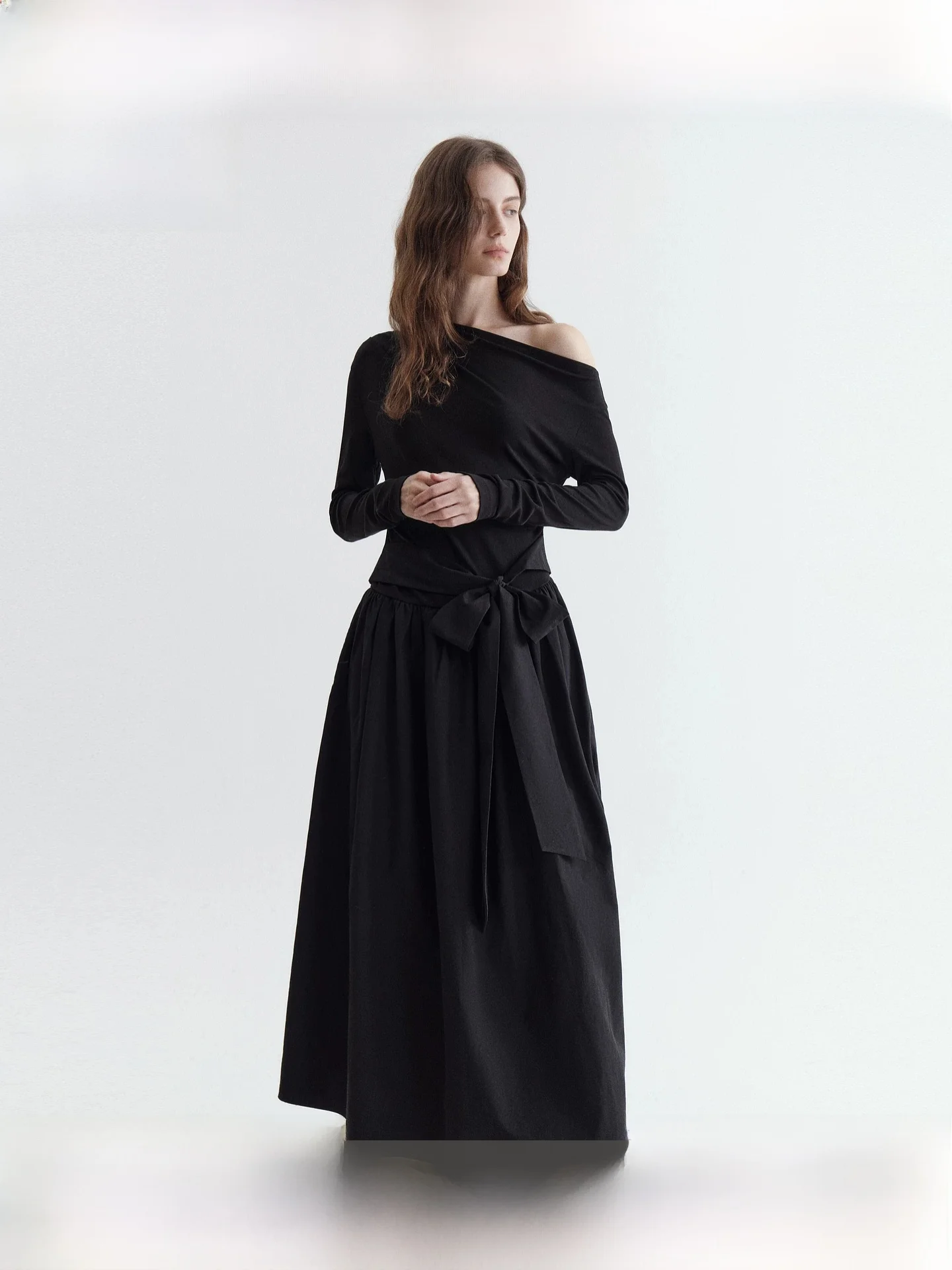 

Fano Spring Season Women's Dress Waist Cinched Shoulder Oblique Belted Splice Design Long Sleeve A-Line Skirt Commute Style