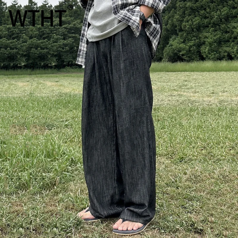 

WTHT Fashion New Men's Solid Color Loose Casual Pants Trendy Korean Style Straight Wide Leg Trousers Male 2025 Summer 2A1173