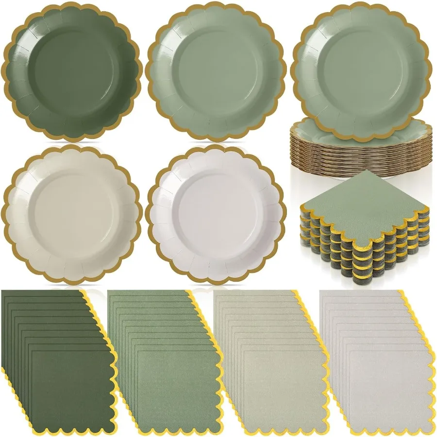 

200 Pcs Sage Green Plates and Napkins Tableware Set for Large Events Serves Up to 100 Guests with 7 Inch Scalloped Edges Paper