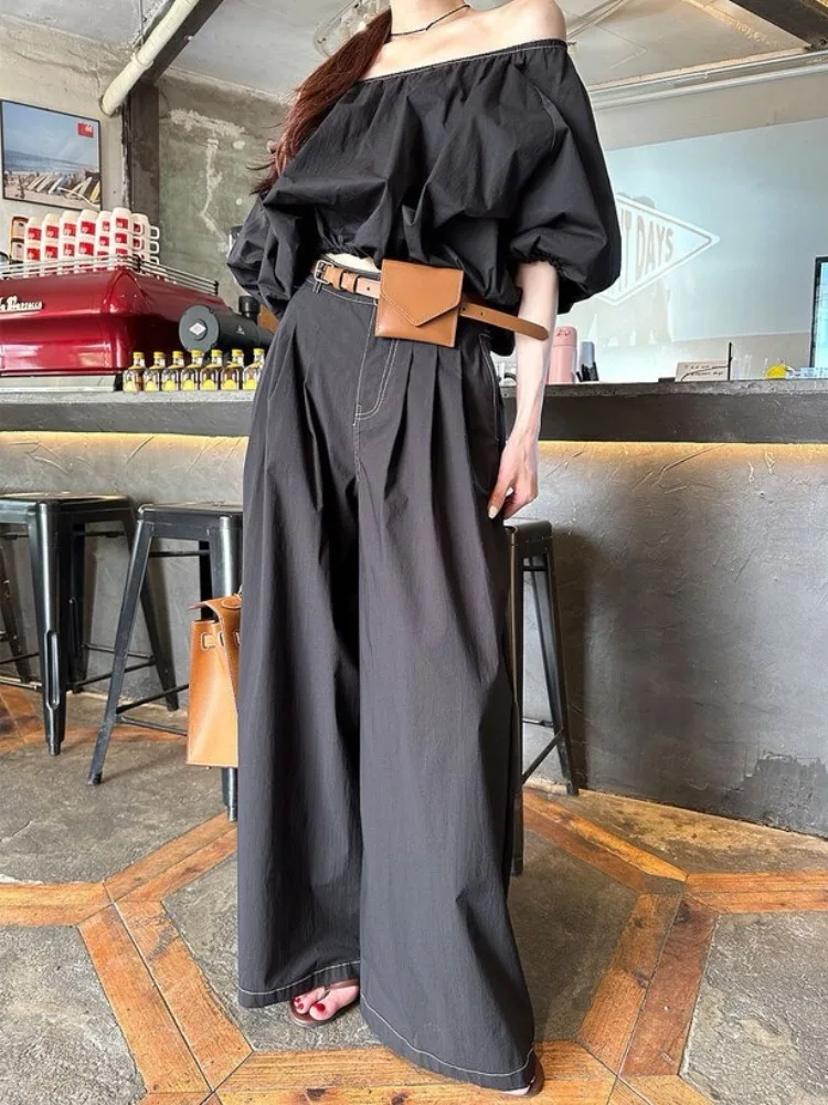 Ele ort oulder irt décontracté taille haute pantalon deux pièces ensemble polyvalent printemps été automne Faion trajet Sle femmes...