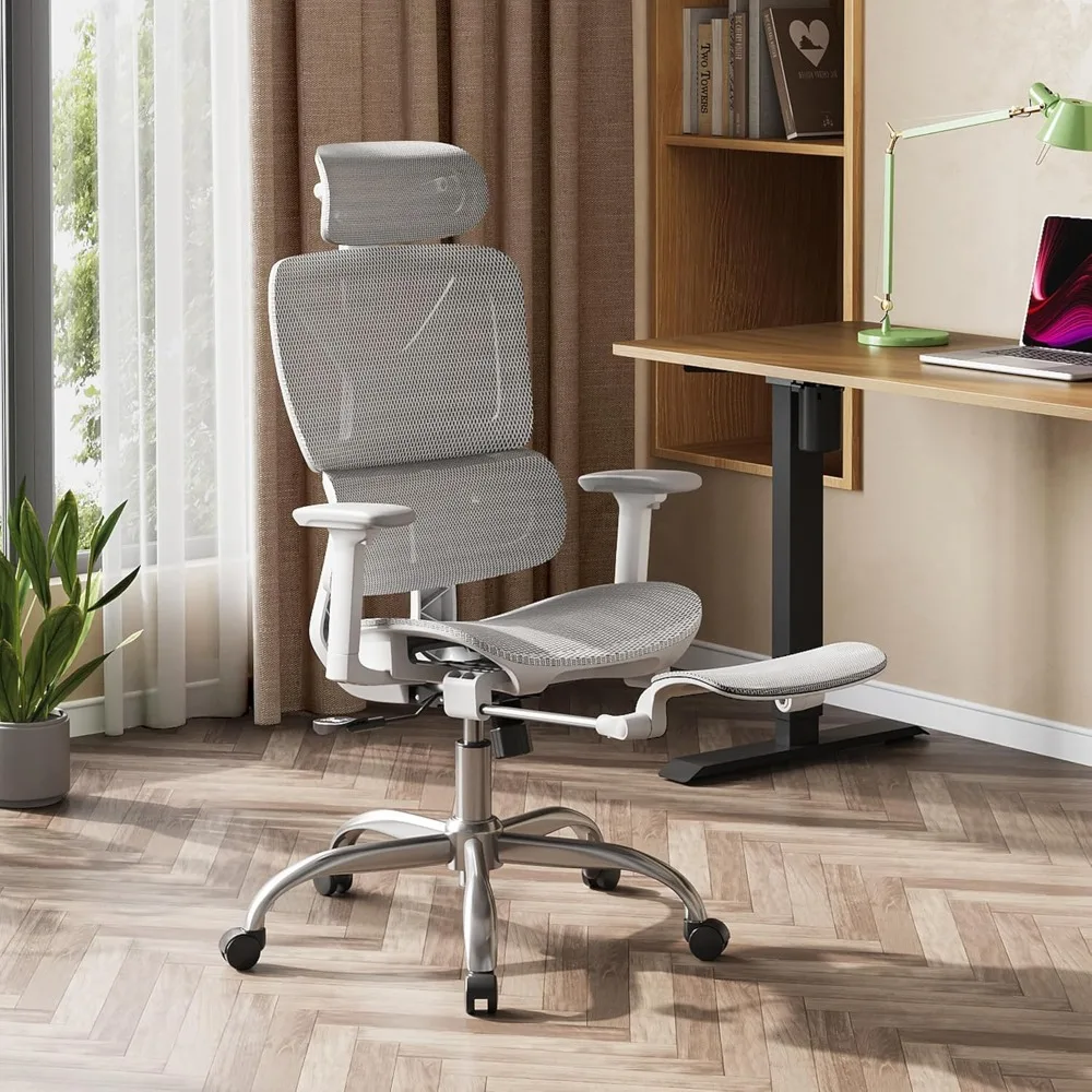 كرسي مكتب شبكي مريح مع مسند للقدمين، شديد التحمل، كرسي كمبيوتر منزلي مريح عالي الظهر مع قطني