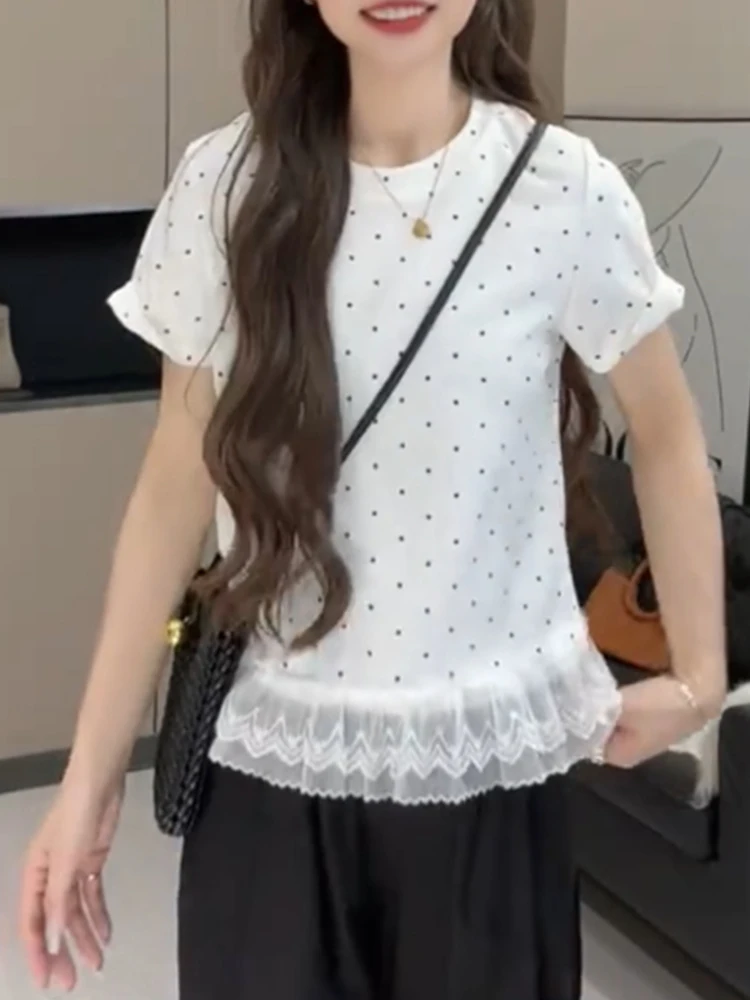 

Лето 2025 г., кружевная футболка большого размера, корейский круглый топ в горошек, кружевной топ с цветочным принтом, женский модный топ больших размеров