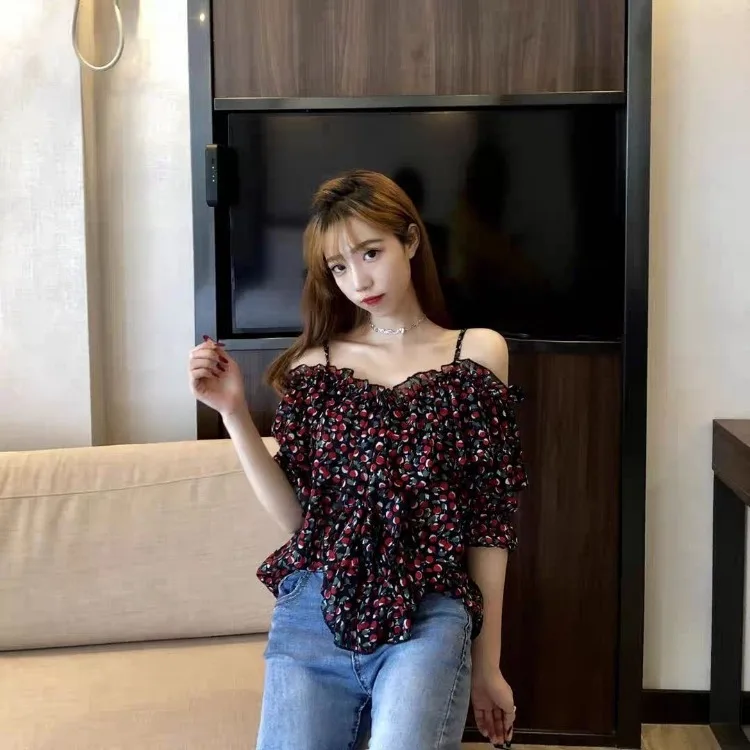 Korejepo Summer New Korean Version Floral One Shoulder Top Women Small Suspender Off Shoulder Ruffled Chiffon Shirt Super Fairy