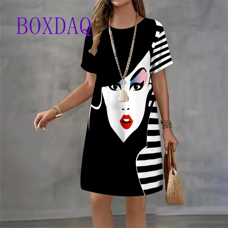 

Fashion Plus Size 3D Portrait Girl Printed Women's Dress 2025 New Summer Sundress Short Sleeve O-neck Loose Casual Mini Dress