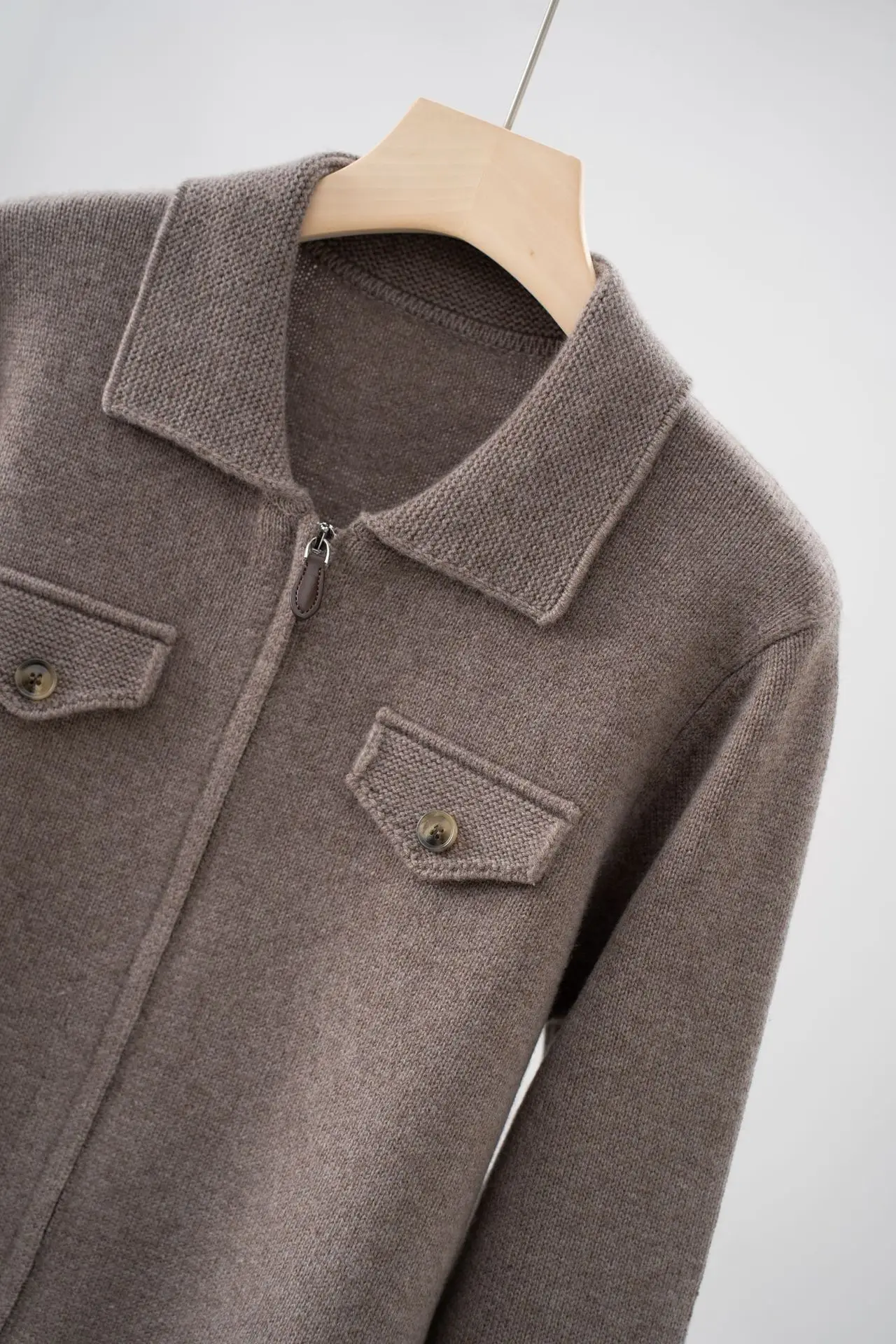 

Women's Autumn and Winter New Cashmere Wool Zipper Lapel Knitted Pocket Sweater Coat