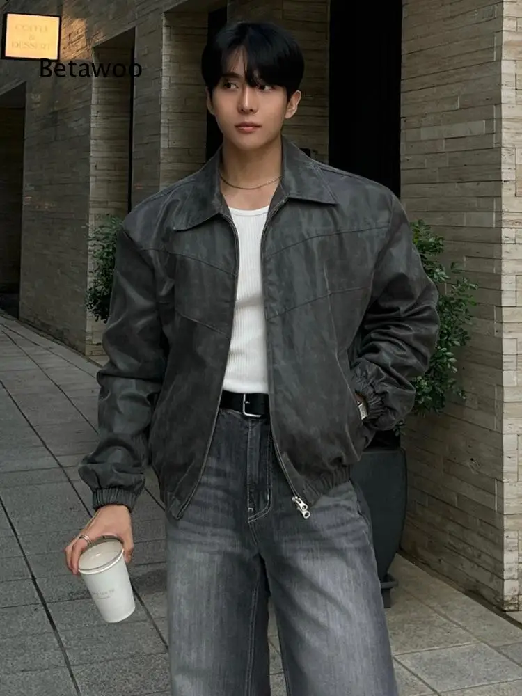 Cool Vintage Style Cropped Jacket For Men Autumn Loose Lapel Outerwear Korean High Texture Versatile Top For Everyday Fashion M