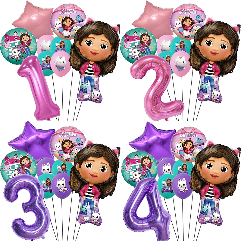 Gabby Dollhouse Pink Purple Number Balloon 1 2 3 4 5 st Girl Birthday Party Decoration Baby Shower Supplies Kids Toy Globos Sets