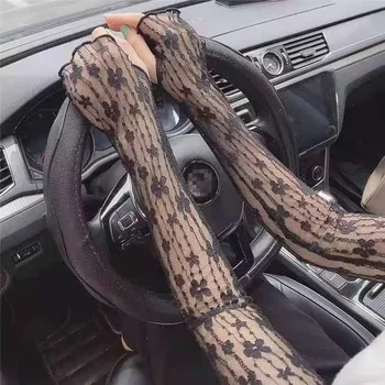 우아한 여성용 플로럴 레이스 메쉬, 초박형 긴 여름 운전 사이클링 레이디, 섹시한 블랙 자외선 차단 장갑, 자외선 차단 탄성 장갑