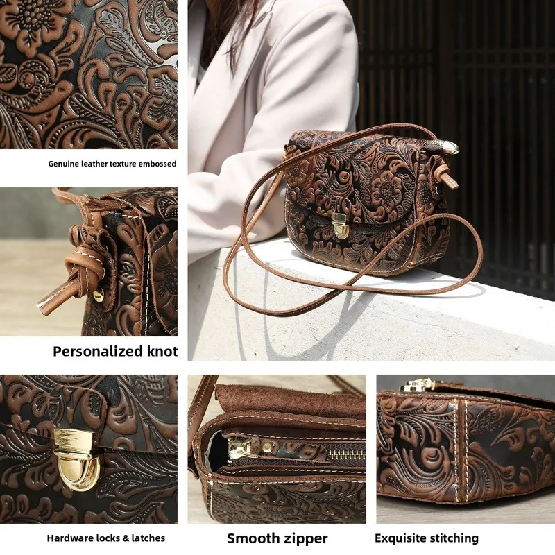 Women's genuine leather single-shoulder bag, cowhide embossed snap closure crossbody bag, retro small clutch bag