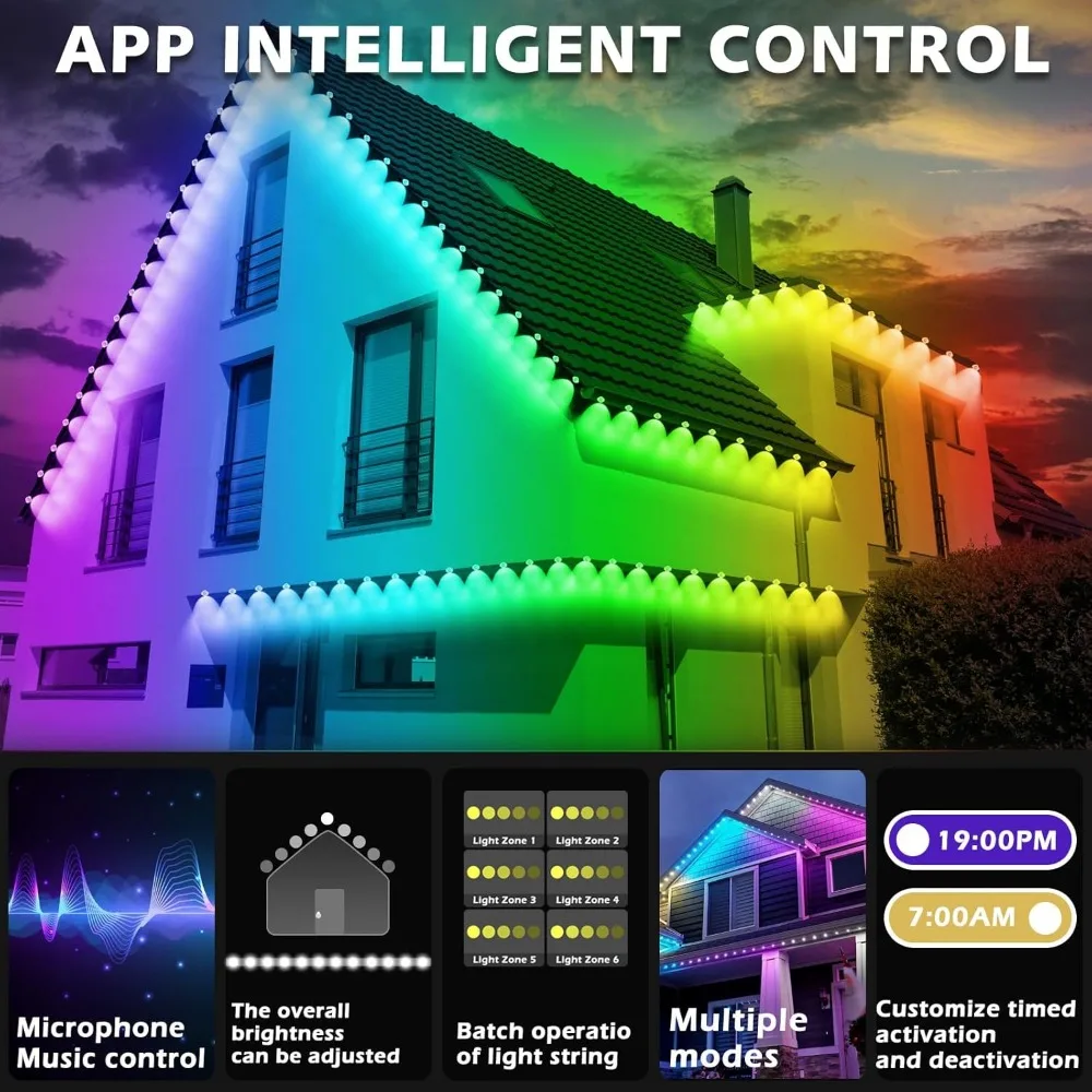 200FT Permanent Outdoor RGB Lights,IP67 Waterproof Smart LED Eaves Lights with App/Remote Control,for Christmas