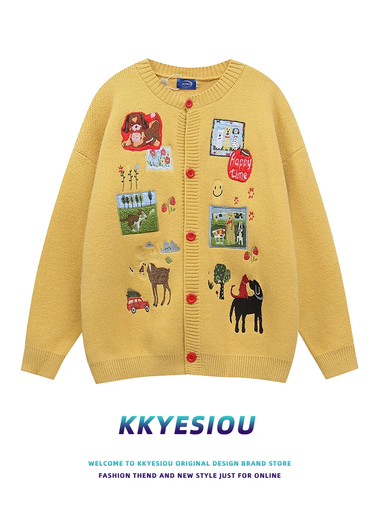 

Мужской винтажный свитер KKyesiou в японском стиле с вышивкой собаки, свободный крой, повседневный, зимний, длинный рукав