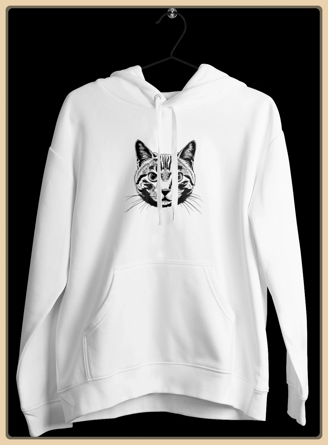 هوديي من القطن الأبيض مع خط فني مفصل باللونين الأبيض والأسود وطباعة وجه قطة بتصميم بسيط وجيب أمامي للجنسين بلوفر ناعم #2