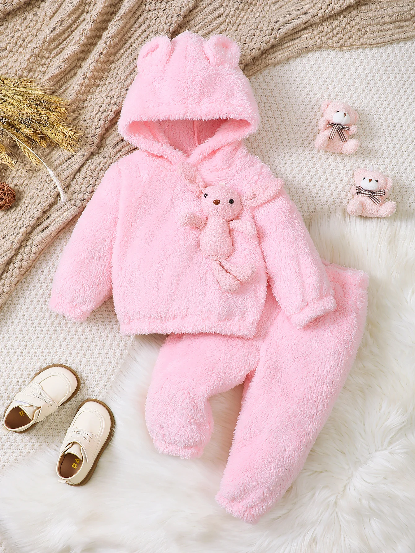 Autumn And Winter Pink Fluffy Set Baby Girls Cute Cartoon Bunny Figure Hooded Long Sleeve Hoodie Elastic Waist Solid Color Pants