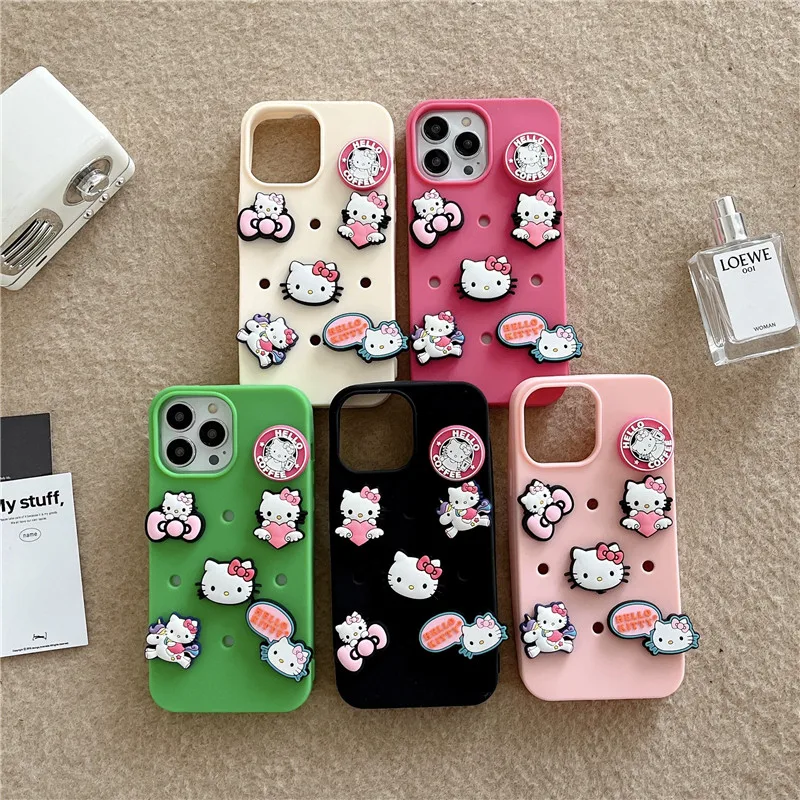 Manual Hello Kitty Sanrio slippers Holes DIY Phone Case for iPhone 11 12 13 14 15 16 Pro Max Plus X XS XR mini Clogs Soft Cover