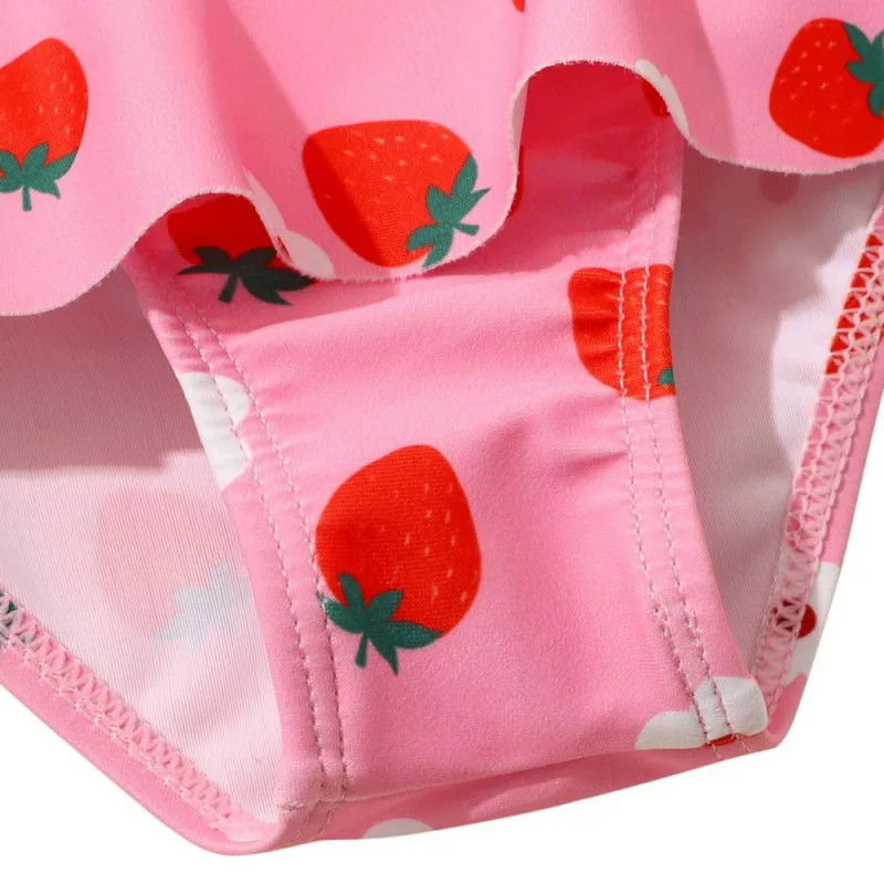 3Pcs Kids Girls Swimsuit Strawberry Print Sunscreen Coat+Bikini Tops Suspenders+Swim Briefs Beachwear Summer Girls Swimming Suit