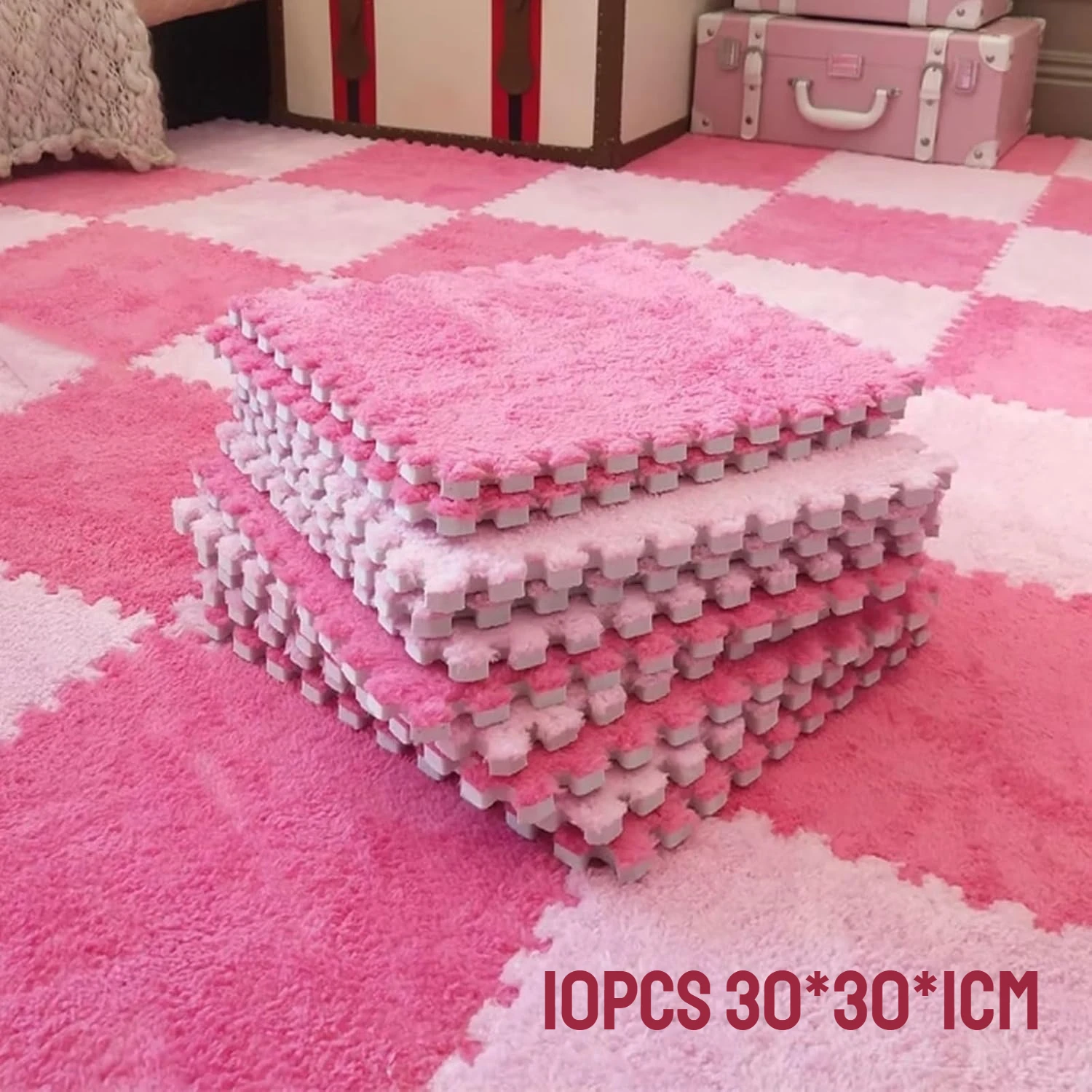 

10Pcs Interlocking Carpet Tiles 30*30*1CM Plush Interlocking Foam Fluffy Play Mat Floor Rug Creative Puzzle Bedside Relaxing Mat