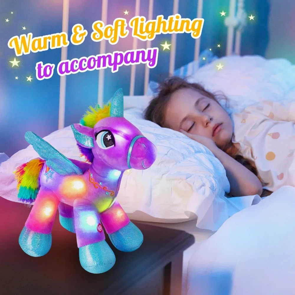 Unicornio de Ángel púrpura con alas, juguetes de peluche suaves, decoración de sofá para el hogar, luz LED, animales de peluche para niñas, juguete