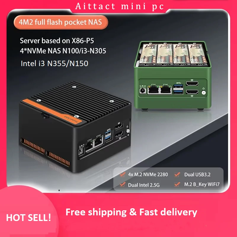 

Карманный мини-ПК Aittact 4xM.2 NVMe Board i3 N355 N305 N150 N100 компьютер NAS Брандмауэр ПК Intel 2xi226-V 2.5G DDR5 2xUSB3.2 2xHD