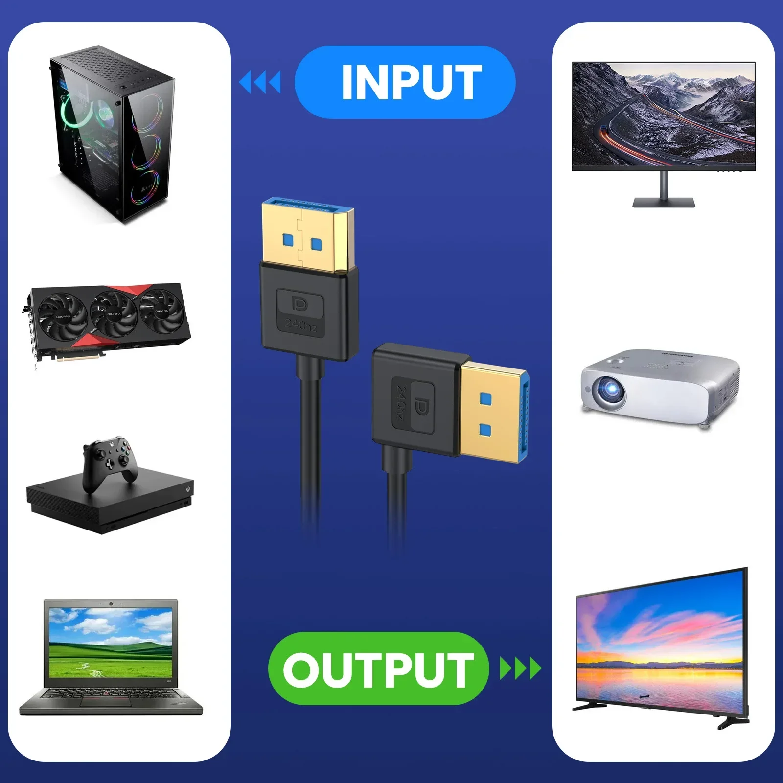 90-degree Right Angle Displayport 1.4 Cable DP Male To Displayport Male Silicone Cable with 8K/60Hz,4K/144Hz Support 0.3m 1m 5m