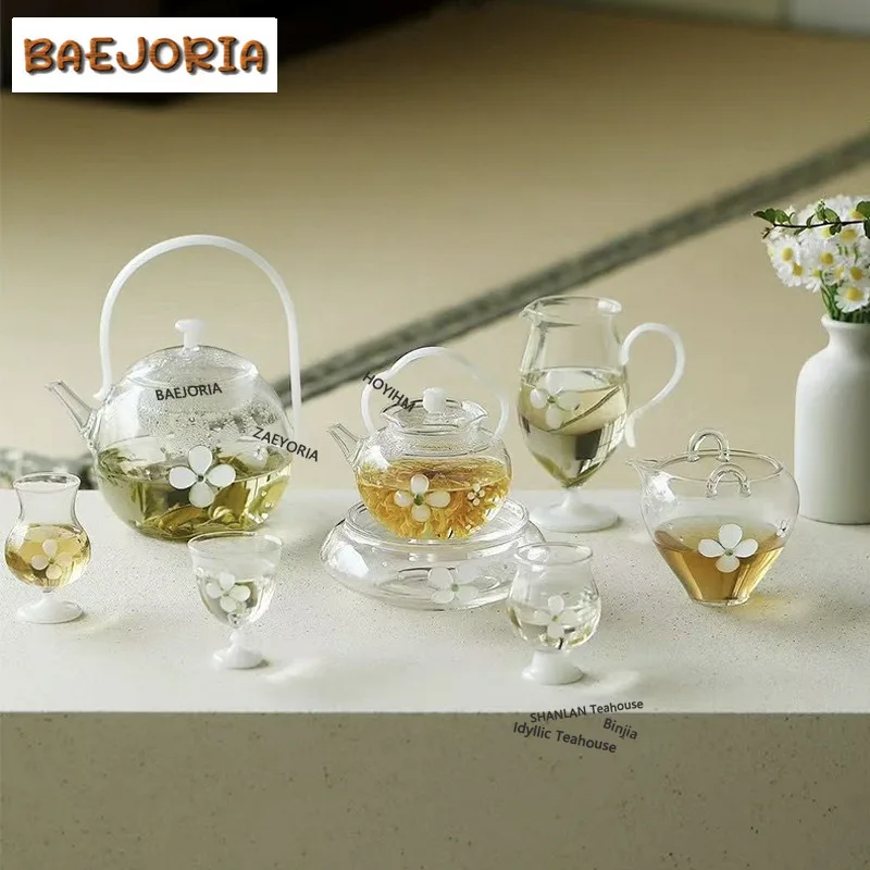 BAEJORIA 700ml Flower Bud Heat-resistant Glass Lifting Teapot Handmade Tea Infuser Pot Tea Maker Kettle With Strainer Cafes Gift