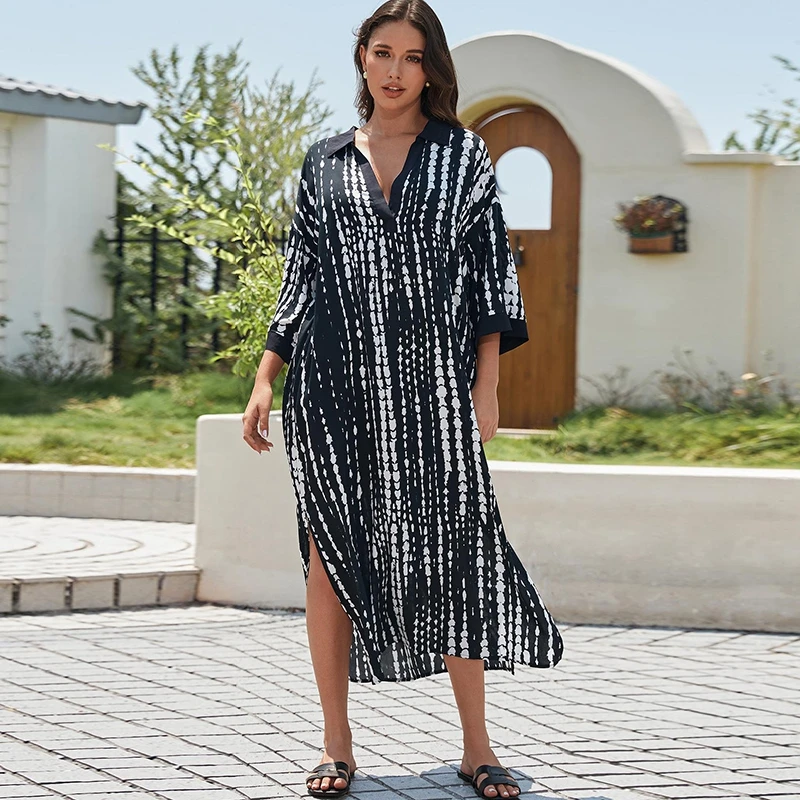 Timeless Monochrome Robe With V-Neck Collar Striped Relaxed Kaftan Casual Classic Long Dress Half Sleeve Holiday Beach Caftan