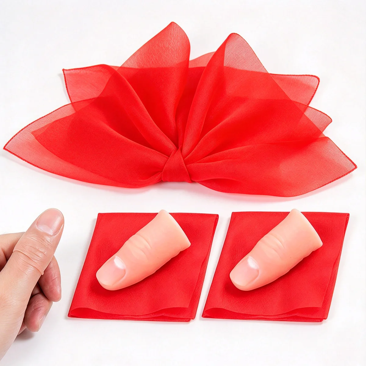Thumb Tip Magic Trick Set - 2組のマジック用指先カバーとスカーフのセット。近距離マジックやイリュージョン、パーティーでのサプライズ、ステージパフォーマンスに最適。ZSY