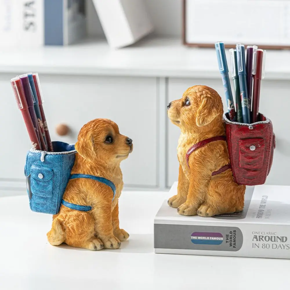 Creative Large Capacity Golden Retriever Pen Holder Set Firmly Cute Makeup Brush Holder Resin Animal Pen Container Student