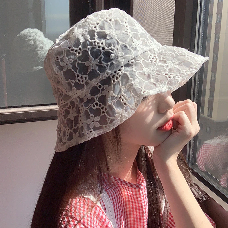 2023 New Lace Hat for Women Soft Flower Wide Brim Sun Hats Beach Hollow Summer Fisherman Hats Ladies Bucket Hat