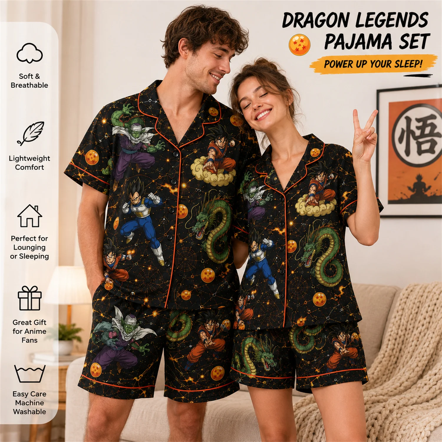 Unisex Schwarzes Pyjama-Set mit Anime-Krieger-Drachen-Print, Kurzarm-Knopfhemd, Shorts, Schlafanzug für alle Jahreszeiten, Loungewear, Nachtwäsche