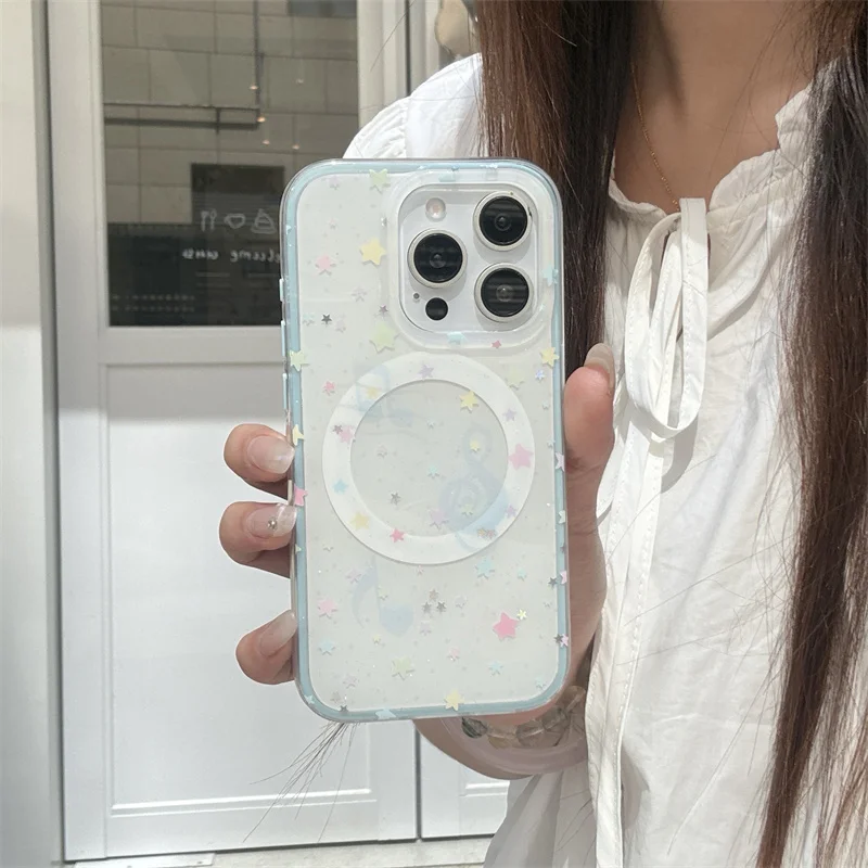 Korean Glitter Color Star Magnetic Phone Case For iPhone 16 Pro 14 15 Pro Max Cover with Cute Wing Stand Holder Shockproof Cases