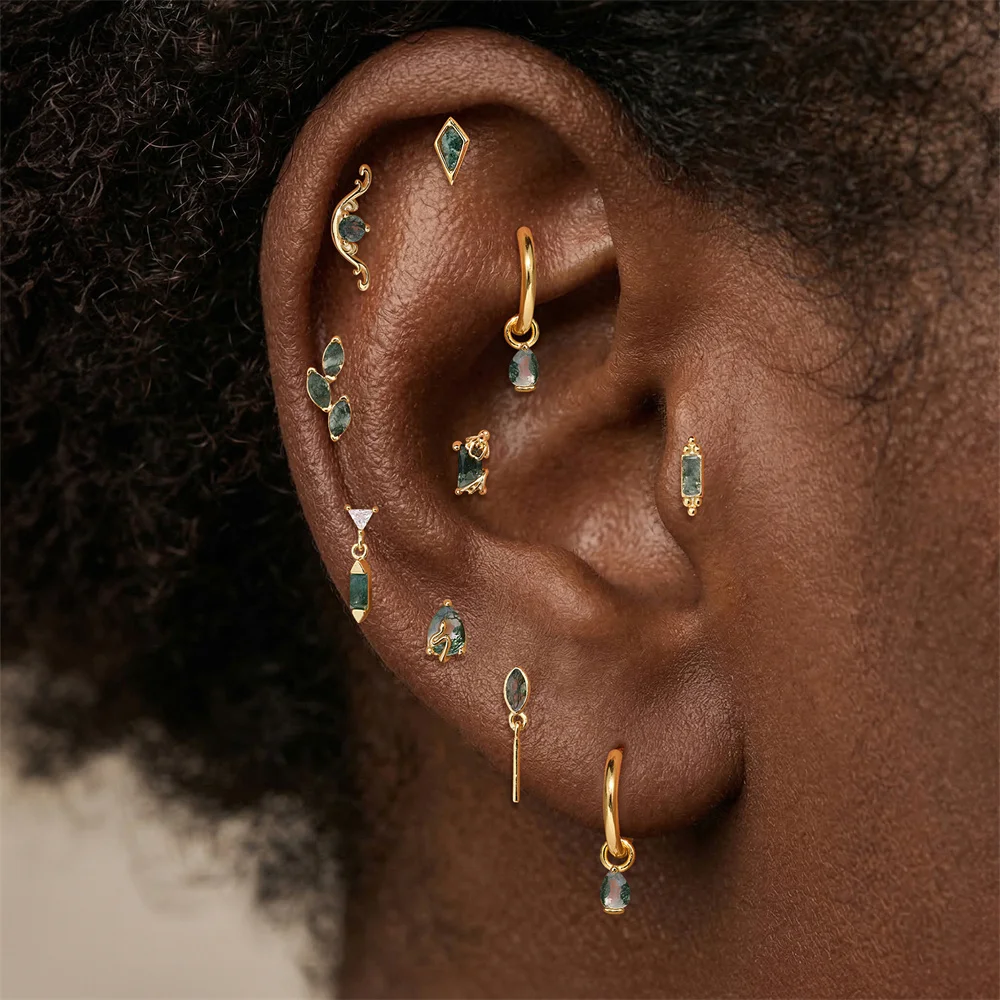 CANNER 1 Stück Sommer Natürlicher Wassergras-Achat Pferdeauge 925 Sterling Silber Flachkopf Piercing Ohrstecker für Damen INS Ohrring – Detail 3