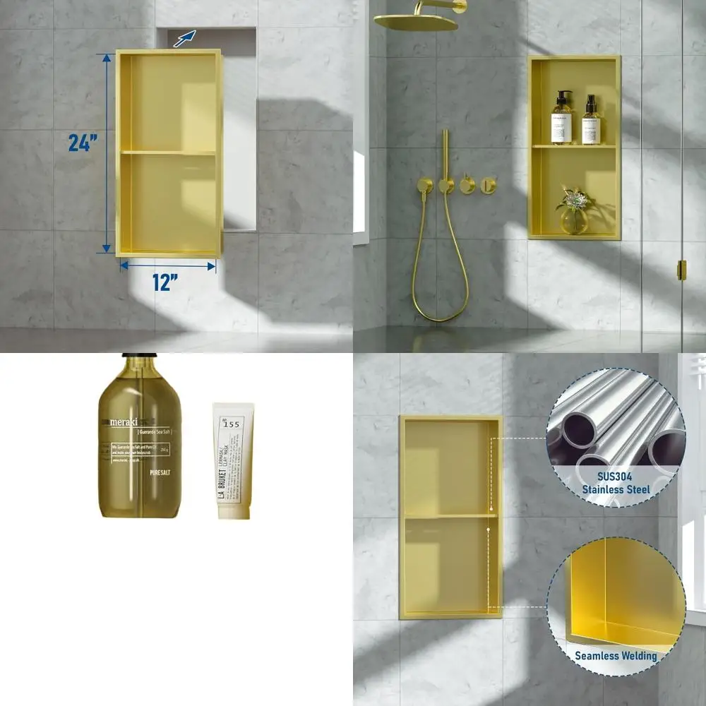 

Двухуровневая полка для душа из нержавеющей стали, водонепроницаемая встраиваемая настенная ниша, плитка не требуется, 12x24 дюйма, золотистая