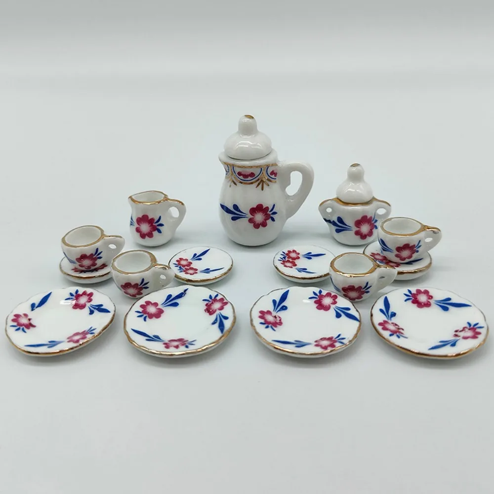 

Ceramic Dollhouse Miniature Tea Set Kettle Tray Doll House Cup Model Set Flower Tableware Miniature Porcelain Tea Cup Set