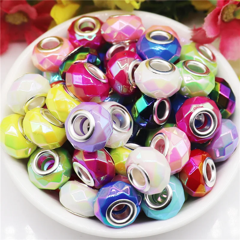 10Pcs 18mm Big Round Rondelle Large Hole Facted Resin Acrylic Beads Charms Fit Pandora Bracelet Hair Beads Snake Chain Jewelry