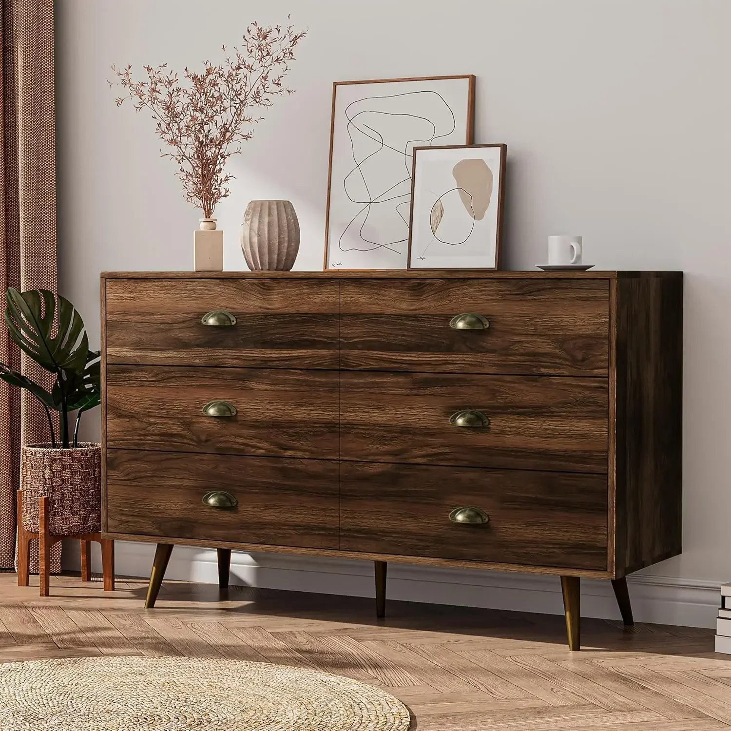 Dresser for Bedroom with 6 Drawers, Mid Century Modern Dresser with Gold Handles, Wooden Dressers & Chest of Drawers Organizer