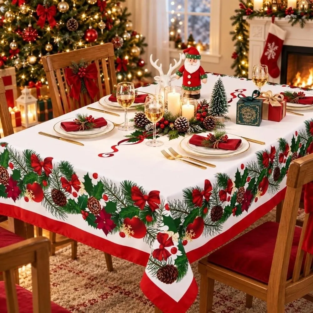 2D Flat Print Christmas Santa Claus Tablecloth Oil-proof Waterproof Snowman Poinsettia Tablecloth Stain Resistant Desk Decor
