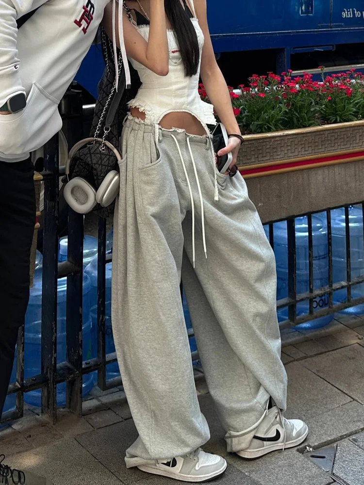 American style Female Fashion Solid Casual Loose Sport Pants High Waist Spliced Pocket Temperament Daily Commute Trouse