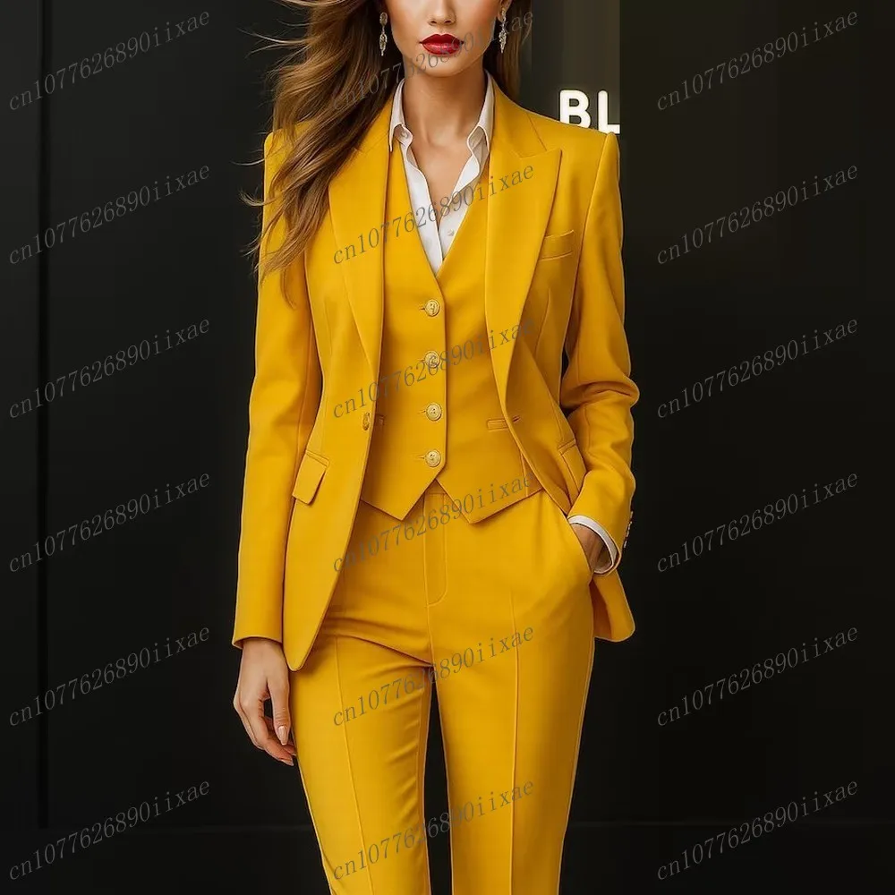 Nova ocasião formal amarelo feminino terno festa de casamento negócios escritório senhora smoking 3 peça conjunto blazer colete calças personalizado