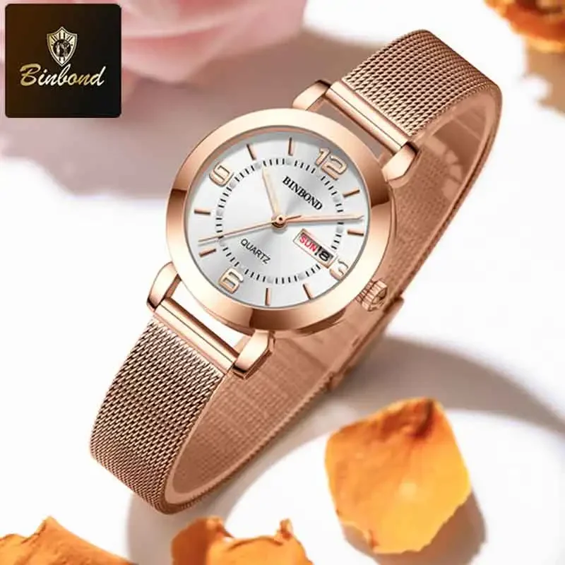 BINBOND Fashion Casual Ladies Quartz Watch Deluxe Luminous Hands Waterproof Watch Date Multifunction Dress Women Watch Reloj