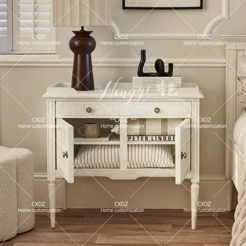 White Solid Wood Double Door Cabinet with Drawer Simple Bedside Table Storage Locker for Bedroom