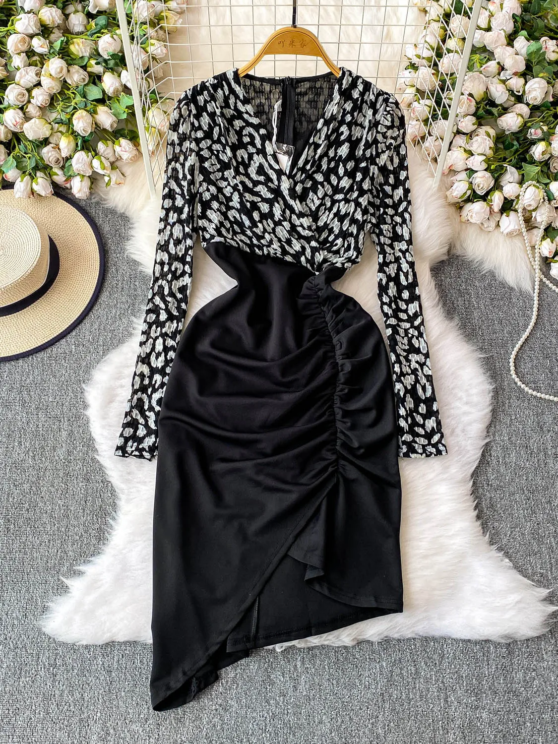 Chic vintage sexy scollo a V Draw String stampa manica lunga slim Elegante Fata moda coreana Boho Sundress abbigliamento donna