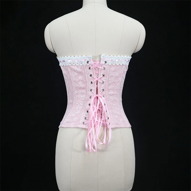 Sexy Women Pink Overbust Corset Crop Top Sweet Lace Patchwork Slim Fit Strapless Bustier Chic Party Summer Clothes Streetwear