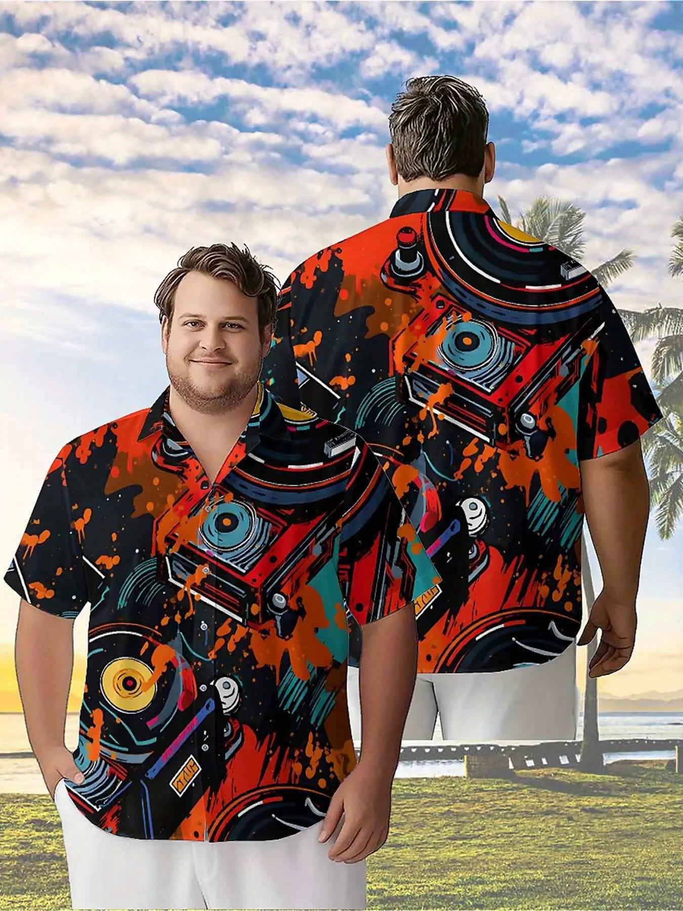 Men's Plus Size Hawaiian ShirtsVintage DJ Recordpattern,Premium Comfort Youth Clothes,Streetwear Y2K Tops