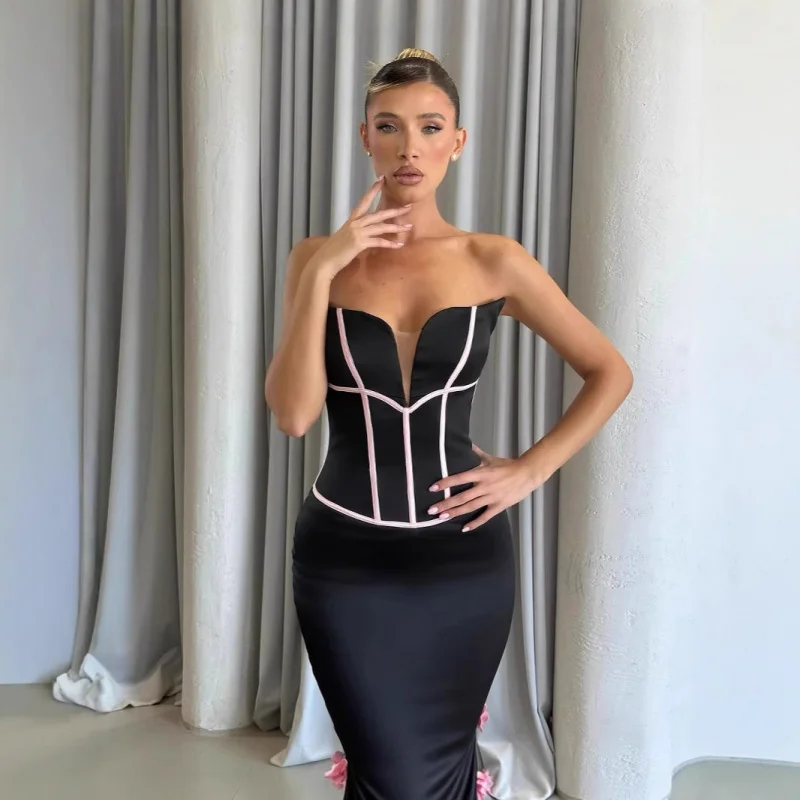 

3D Floral Strapless Black and White Striped Sleeveless Bandage Long Elegant Dress