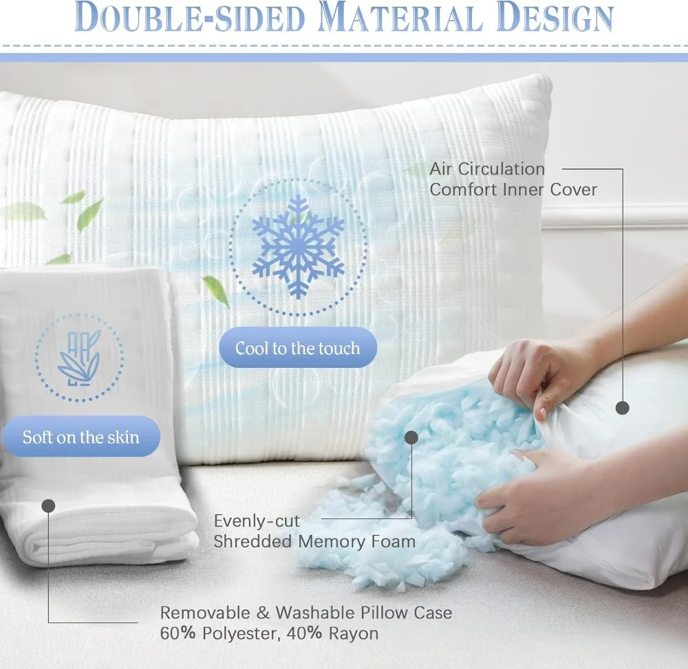 Cooling Pillows for Sleeping, Standard Size Set of 2, Shredded Memory Foam, Adjustable Loft for Side & Back Sleepers view 2