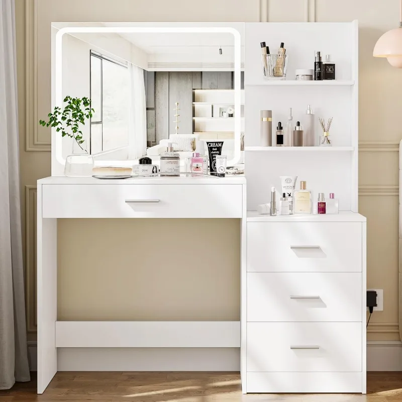 

Makeup Vanity with 3-Color Lighted Mirror,Side Storage Shelf & 4 Drawers, Bedroom Dressing Desk, Brightness Adjustable, White