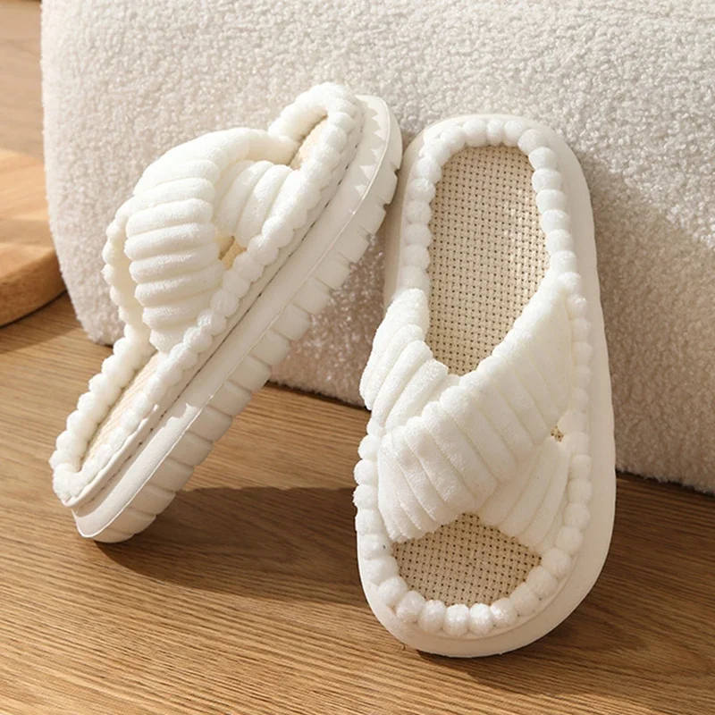 

Pink Corduroy Cross Strap Home Slippers Women Winter 2025 Breathable Thick Sole Platform Slides Woman Indoor Plush House Shoes