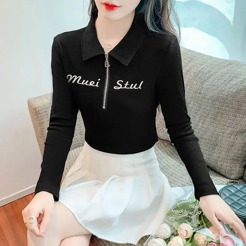 

POLO Female Clothing Long Sleeve Women's T-shirt 2023 Spring Autumn New Turn-down Collar Korean Fashion Fit Letter Printed Tops