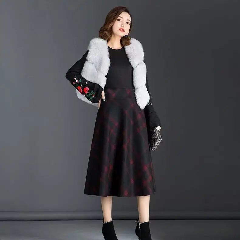 FairyShely 2024 Autumn Winter High Waist Umbrella Pleat Skirt Women Casual Pocket Woolen Grid Skirt Female Knee Plaid Skirt