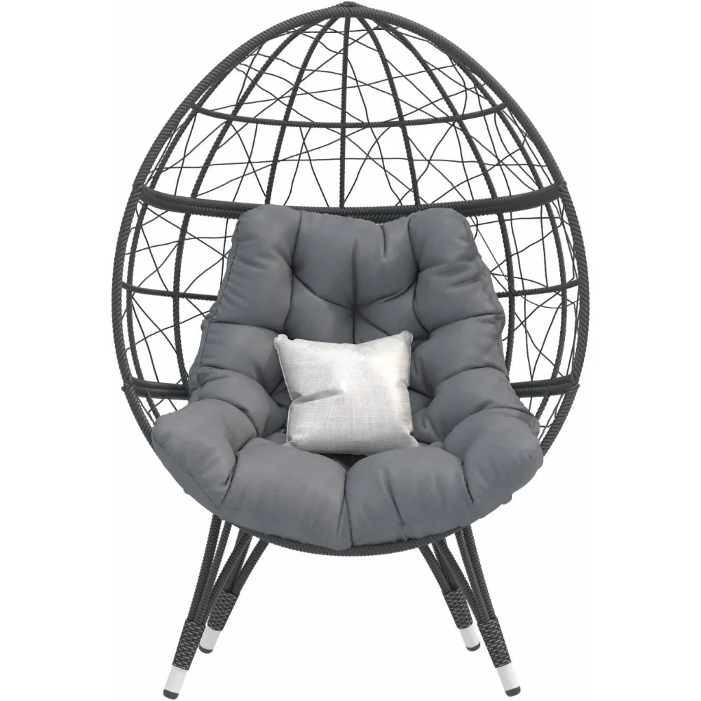 كرسي بيضة من الخيزران كبير الحجم، كرسي صالة سلة بيض داخلي خارجي مع وسادة كبيرة لغرفة المعيشة في الفناء الخلفي والحديقة (رمادي)